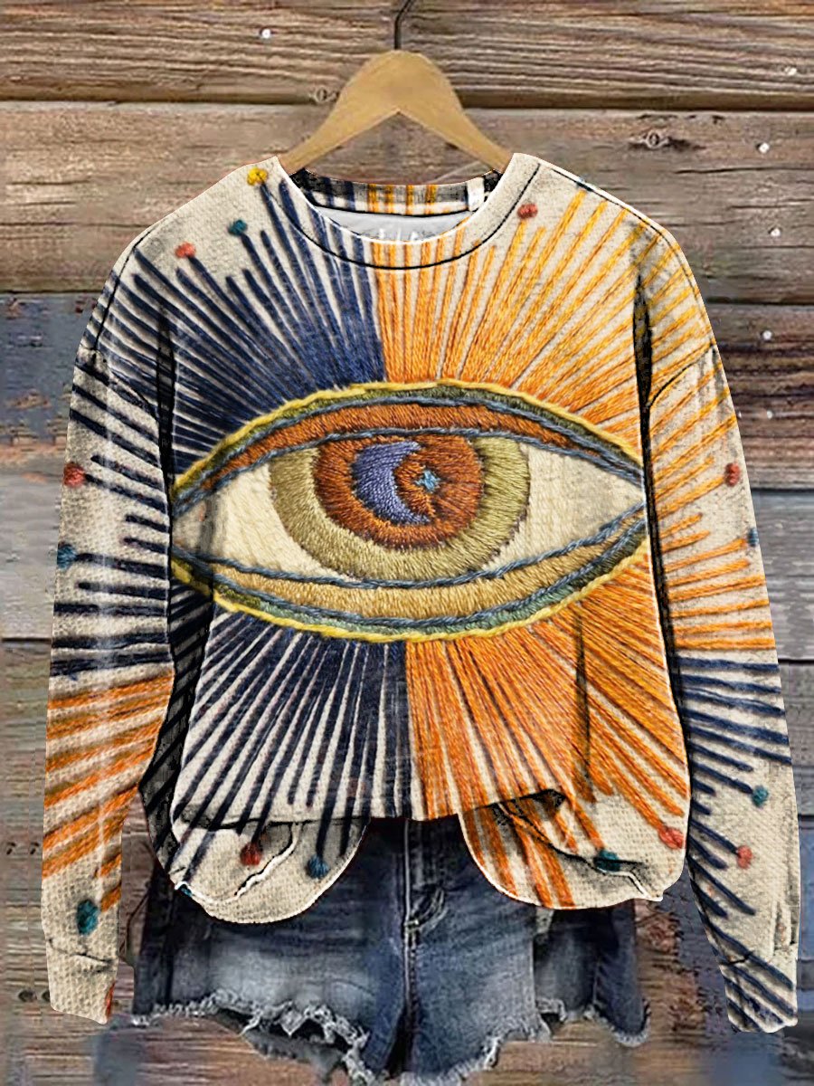 Vintage Good Luck Rainbow Eyes Print Casual Sweatshirt