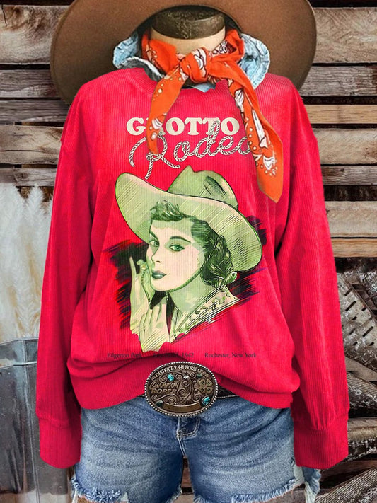 Women's The Grotto Rochester NY Vintage Rodeo Cowgirl Casual Print Corduroy Sweatshirt