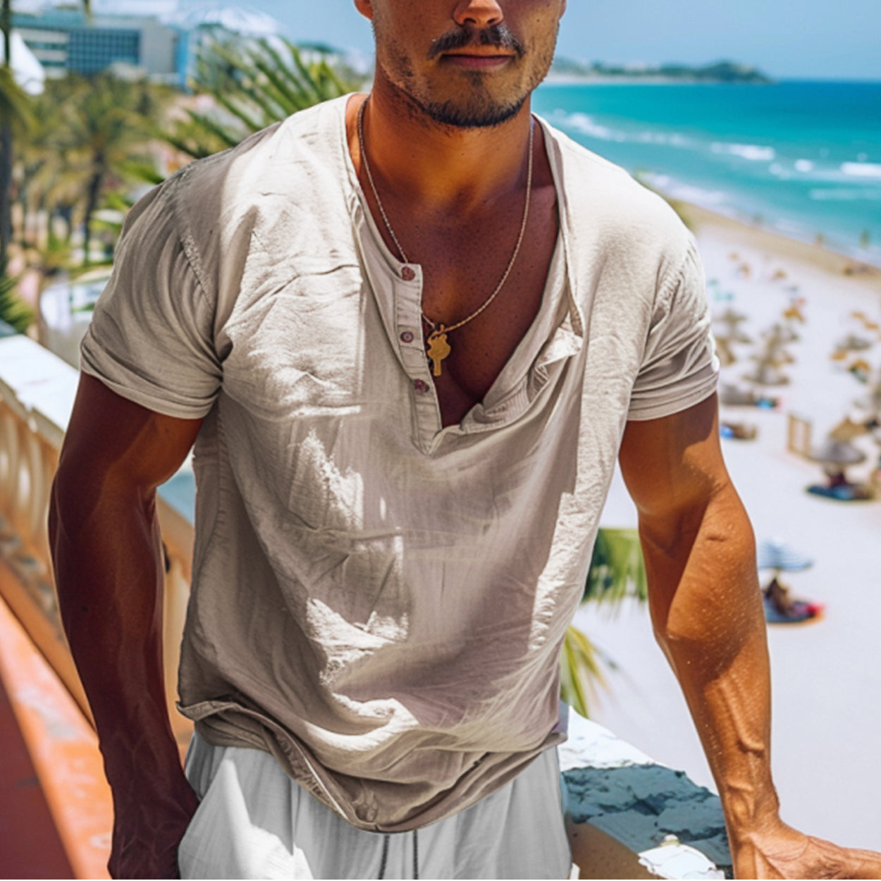 Men's Holiday Linen V-Neck Minimalist Plain Short Sleeve Shirt