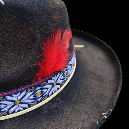 Distressed Fedora with Red Feather-adorned Floral-patterned Band XXX Patchwork