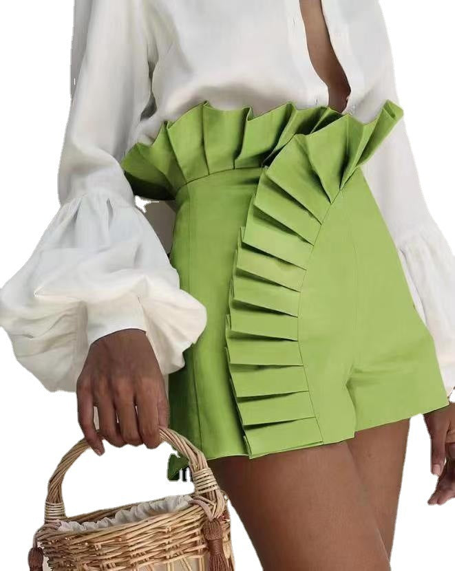 Asymmetric Pleated Zip Shorts