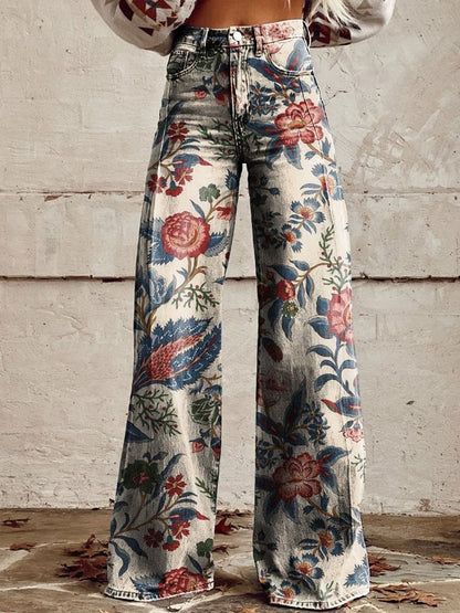 Women's Vintage Botanical Floral Wide Leg Pants