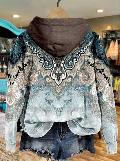 Paisley Print Casual Zip Hoodie Sweatshirt