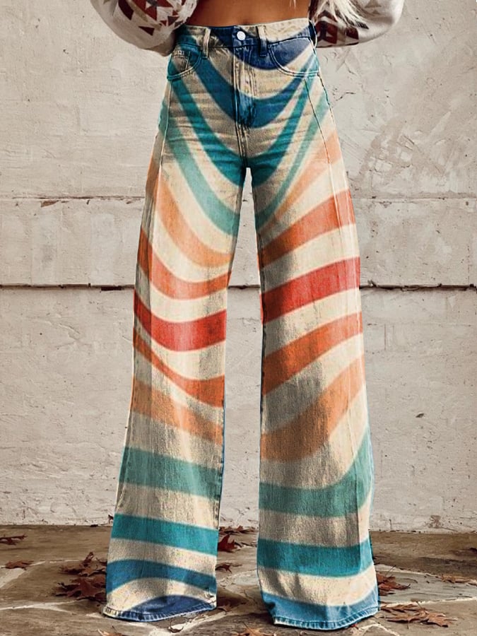 Women's Retro Gradient Color Block Wide Leg Pants