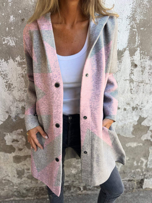 Pink Explosion Print Casual Long Sleeve Button Hooded Jacket