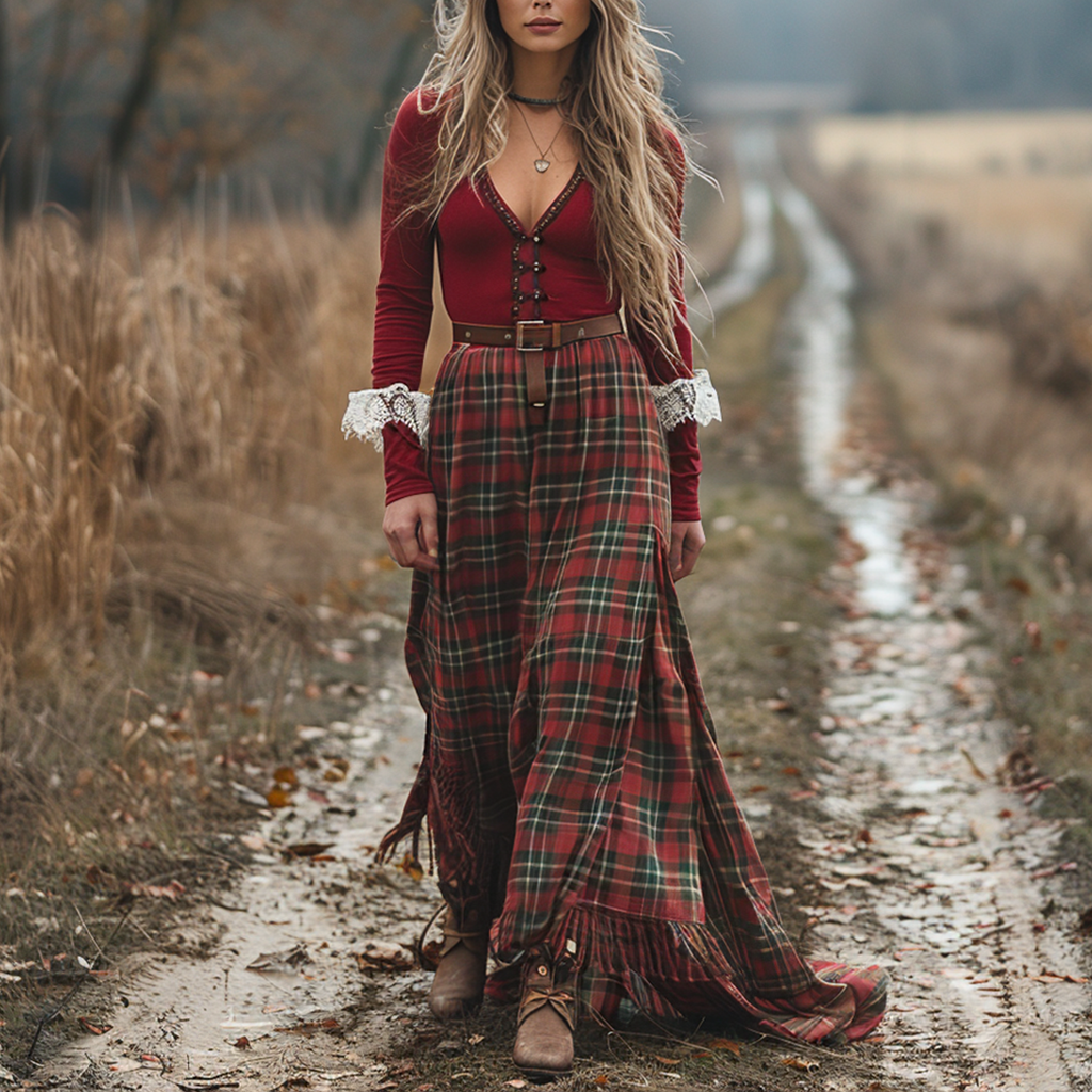 Women's Retro Plaid V-neck Long-sleeved Long Skirt Pastoral Style Dress