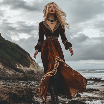 Breezy Bohemian Beach Vacation Autumn And Winter Velvet Ethnic Style Fluttering Dress