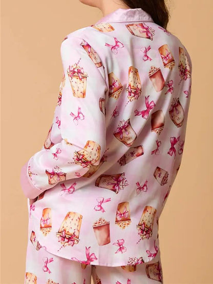 Bowknot Milk Tea Print Pajama Set Long Sleeve Shirt