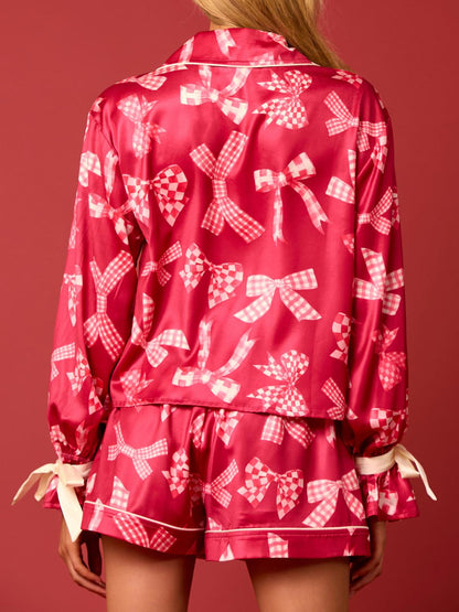 Red Ribbon Plaid Print Bow Tie Pajama Set