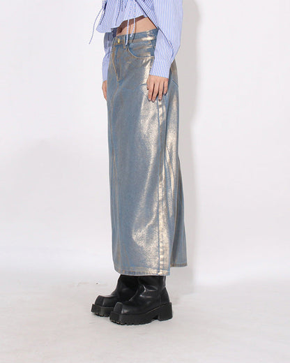 High Waist Hot Stamping A-Line Denim Skirt