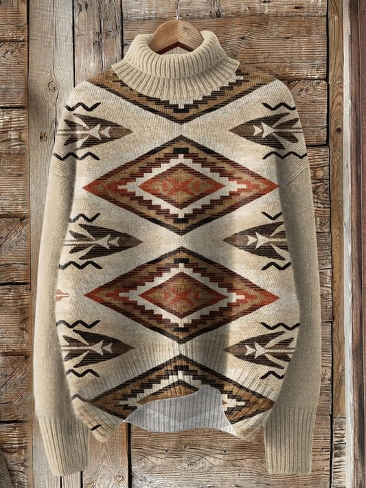 Vintage Aztec Print Knit Turtleneck Pullover Sweater