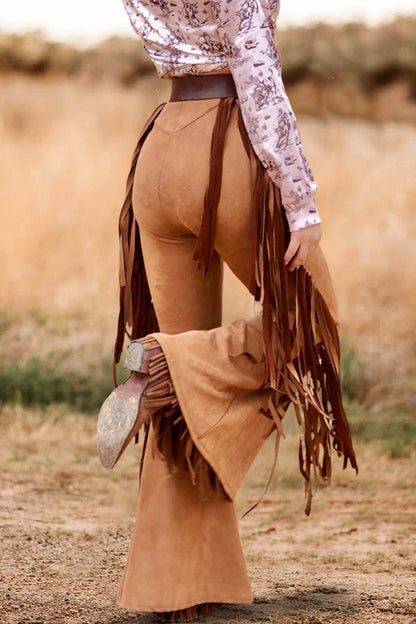 Flowing Fringed Suede Flared Trousers