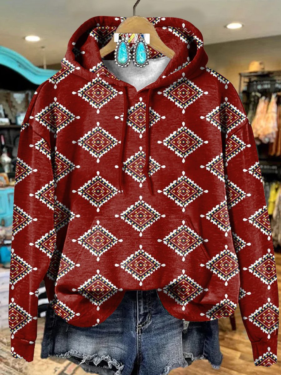 Retro Red Ethnic Rhombus Art Print Casual Hoodie Sweatshirt