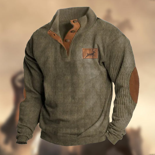 Men's Vintage Cashmere Corduroy Elbow Patch Western Elk Hunting Sweatshirt Outdoor Casual Stand Collar Long Sleeve Sweatshirt