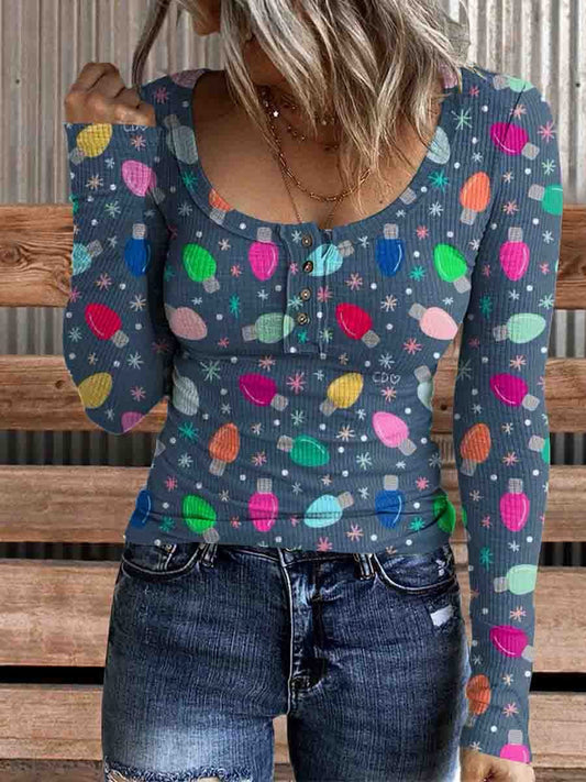 Women's Christmas Lights Print Comfortable Cotton Henley Shirt