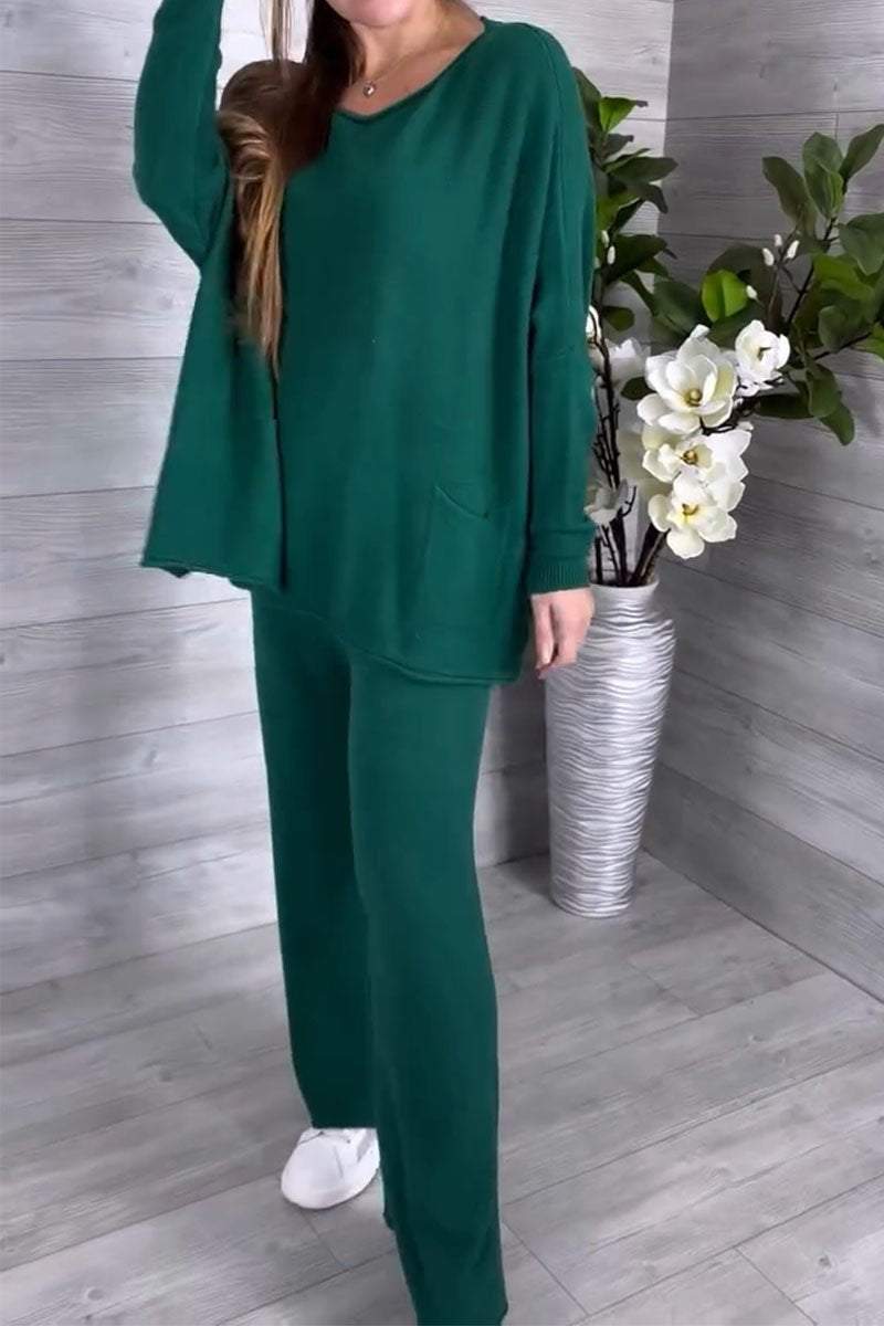 Women's Casual Solid Color Knit Pocket Two-Piece Set