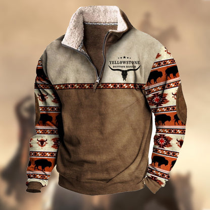 Men's Vintage Yellowstone Fleece Sweatshirt  Elbow Patch Western Zipper Fur Collar Casual Top