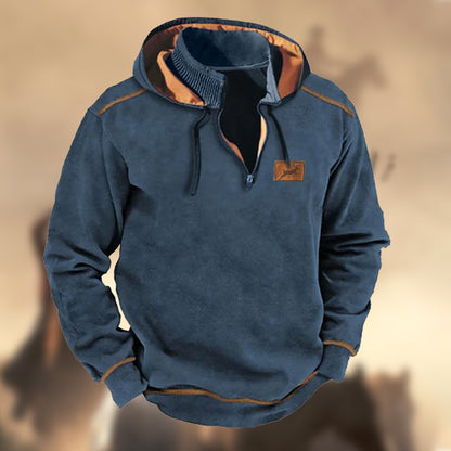 Men's Vintage Country Elk Hunting Contrast Zip-Up Stand Collar Patchwork Hooded Sweatshirt