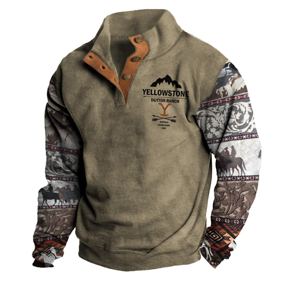 Men's Earthy Brown Retro Western Yellowstone Ethnic Print Casual Henley Stand Collar Sweatshirt