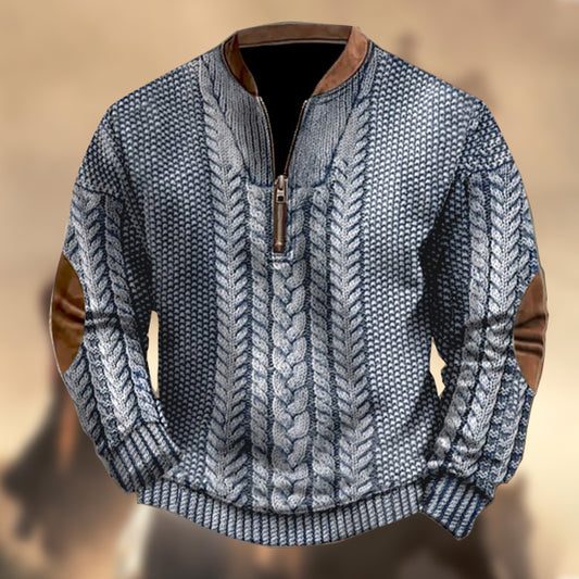 Men's Vintage Country Western Color Block Knitted Print Zipper Stand Collar Casual Sweatshirt