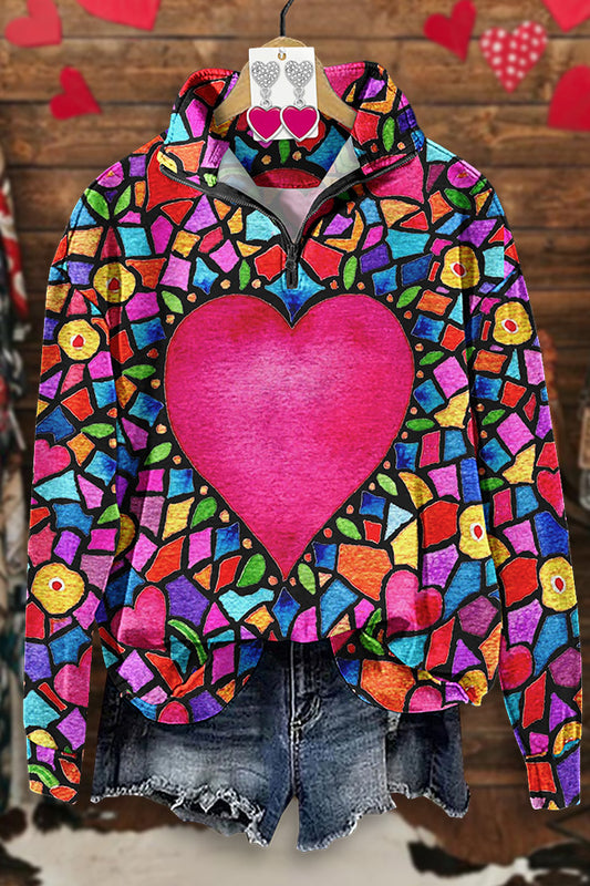 Unique Valentine's Day Heart Print Zipper Sweatshirt