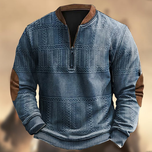 Men's Vintage Western Knitted Print Zipper Stand Collar Casual Sweatshirt