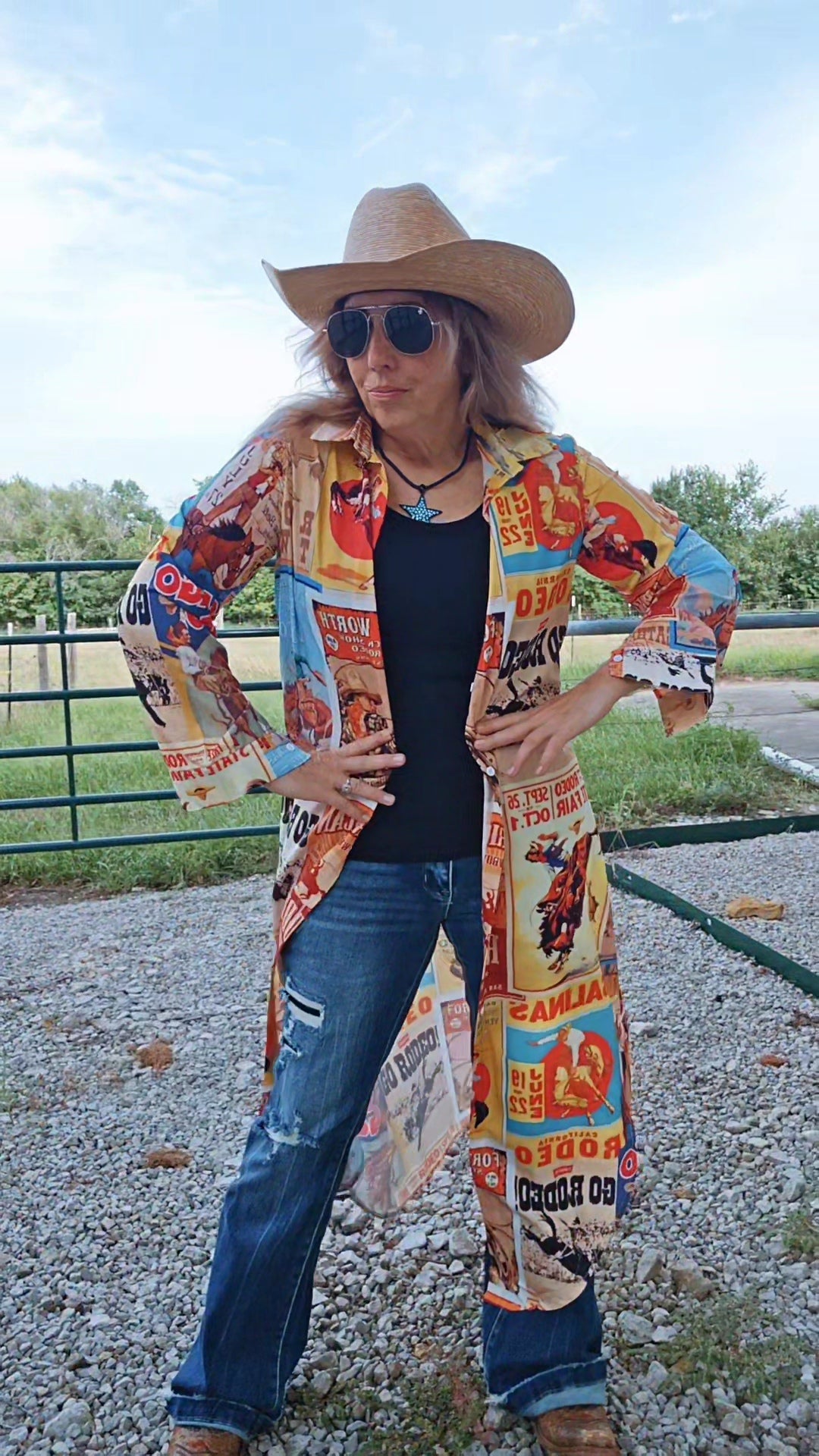 Vintage Rodeo Poster Button-Up Long Sleeve Shirt Duster Dress