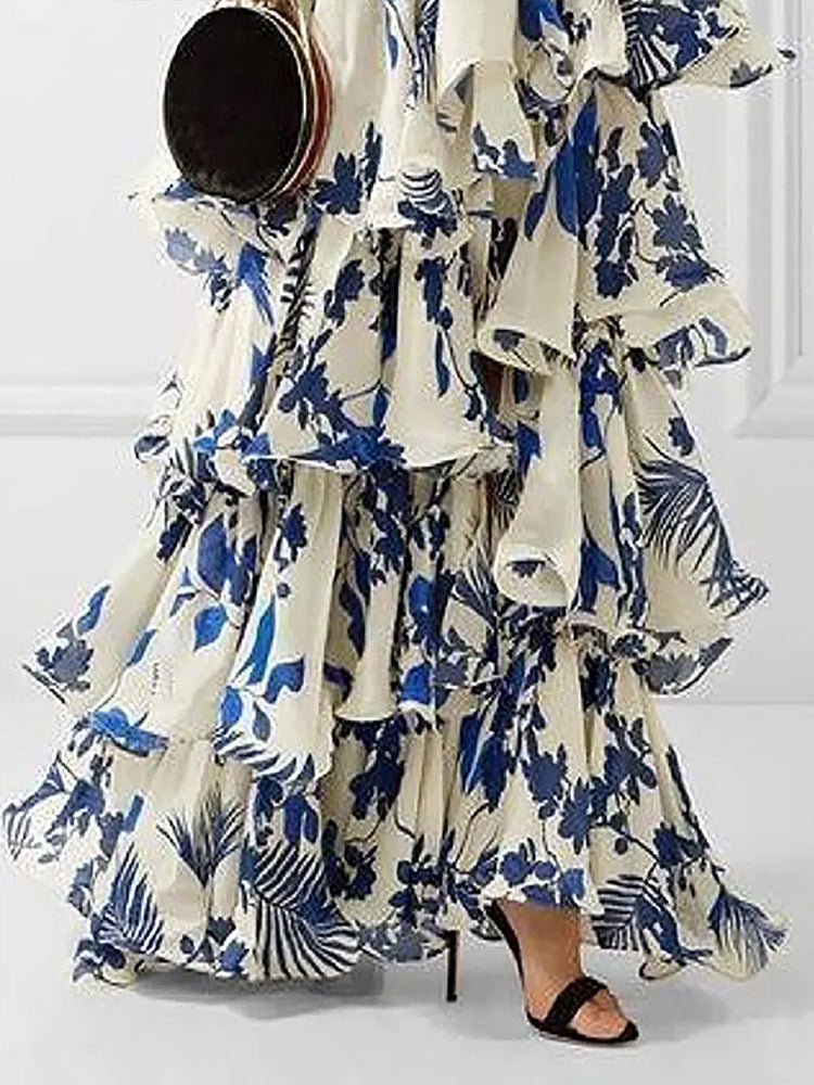 Fashion Printed Halterneck Sleeveless Off-Shoulder Hollow Dress