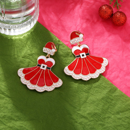 Christmas Hat Dress Pearl Earrings