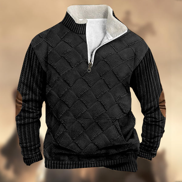 Men's Vintage Western Knit Print Zipper Stand Collar Kangaroo Pocket Casual Sweatshirt