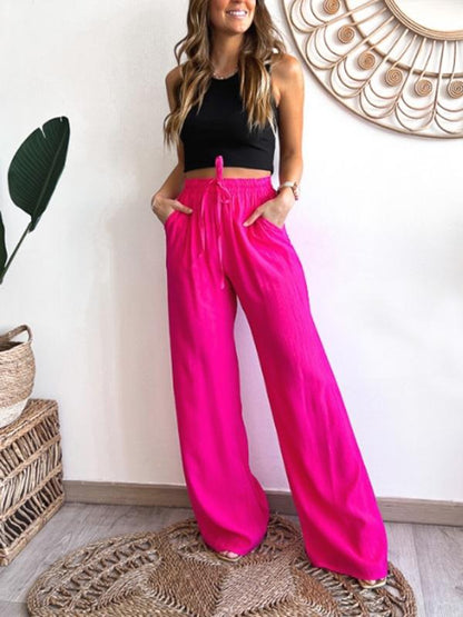 Women's Casual Stretch Drawstring Solid Color Wide Leg Pants