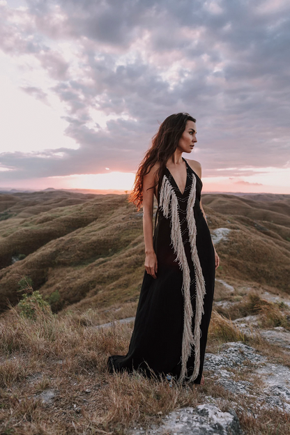 Black Goddess Dress • Tribal Bridesmaid Dress • Tassels Embroidered Dress • Boho Native Dress • Boho Fringed Dress • Tropical Wedding Dress