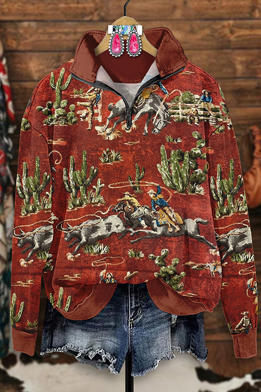 Vintage Western Rodeo Print Zip-Up Sweatshirt