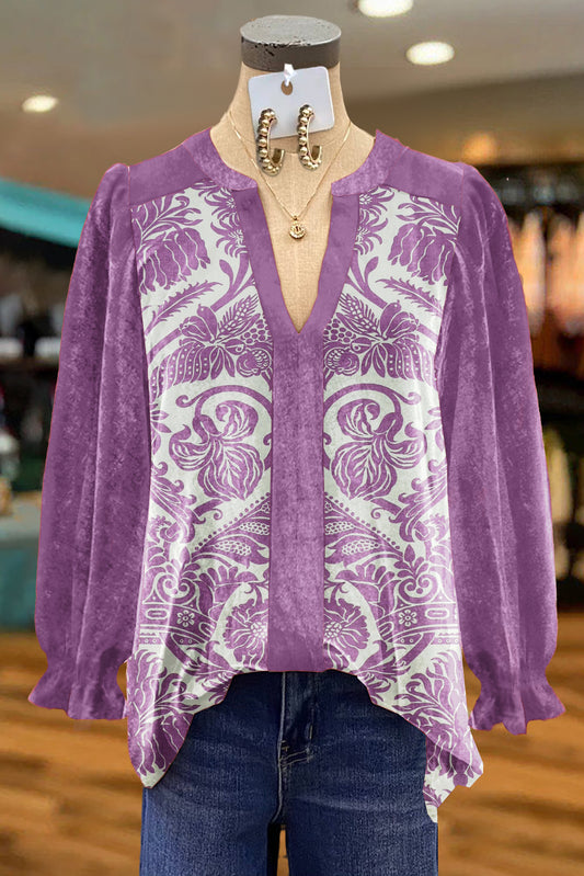 Classic Diamond Print Velvet V-neck Blouse