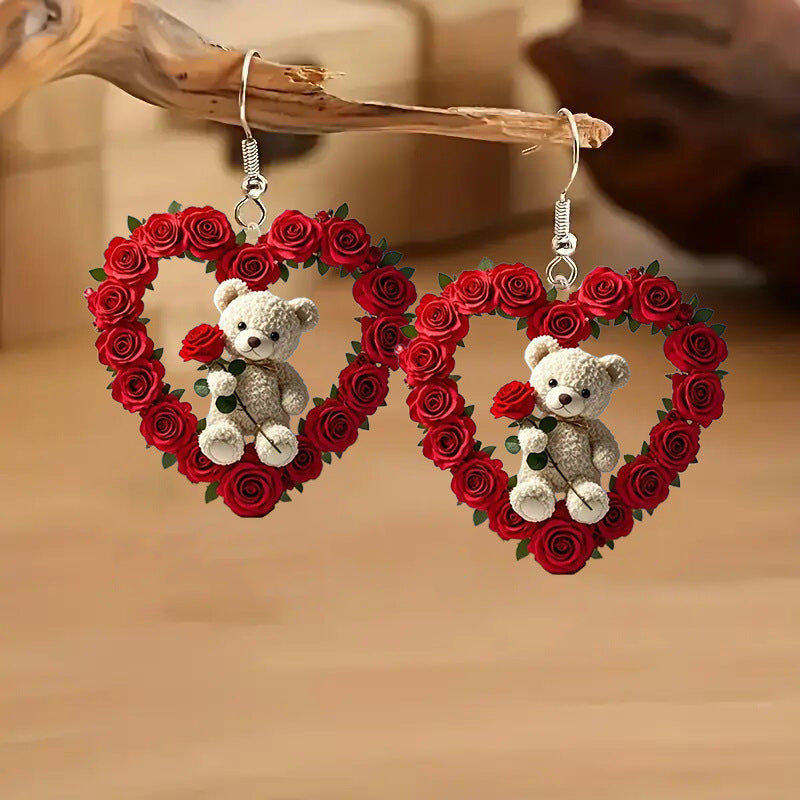 Elegant Valentine's Day Rose Bear Heart-shaped Earrings