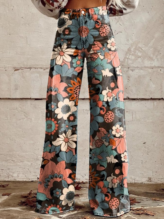 Women's Vintage Botanical Floral Wide Leg Pants