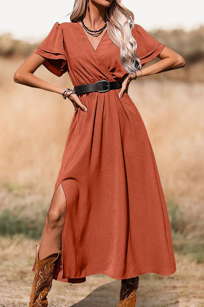 Slit V-Neck Dress With Ruffled Sleeves