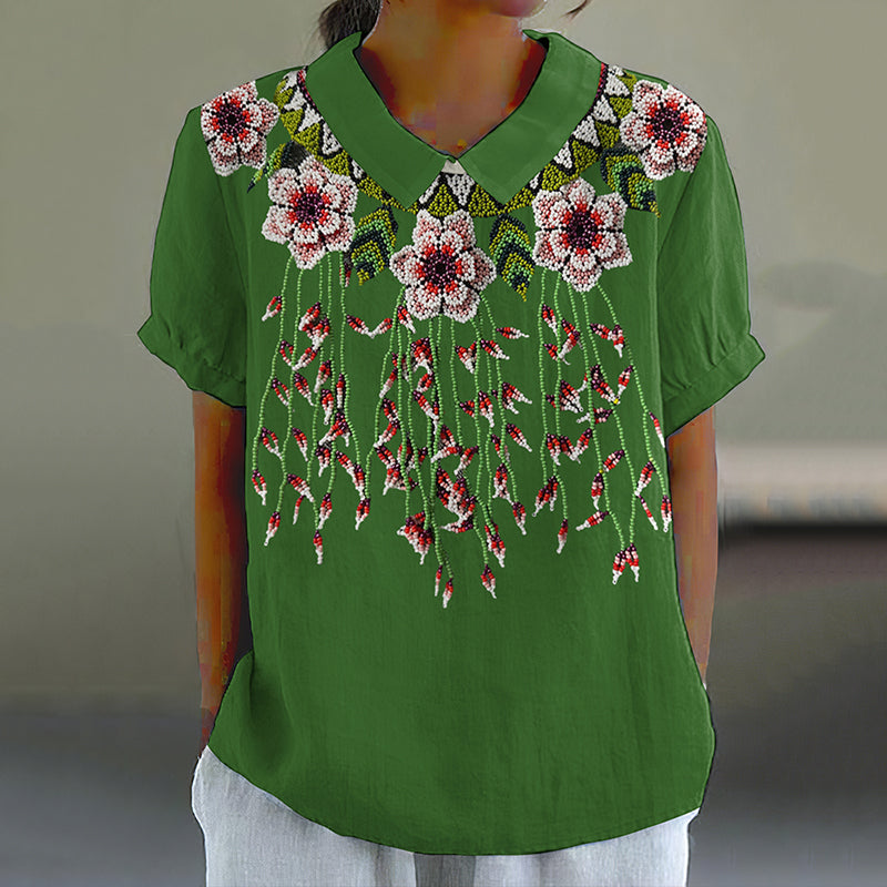 Vintage Beaded Floral Print Women's Shirt