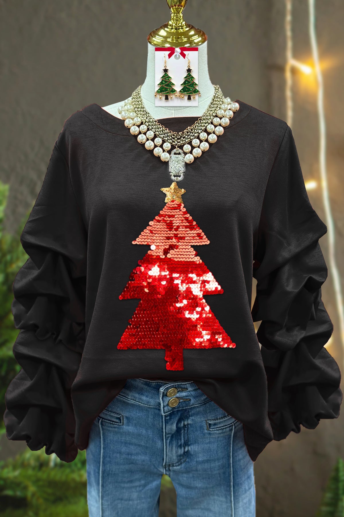 Classic Christmas Tree Sequined Pleated Sweatshirt