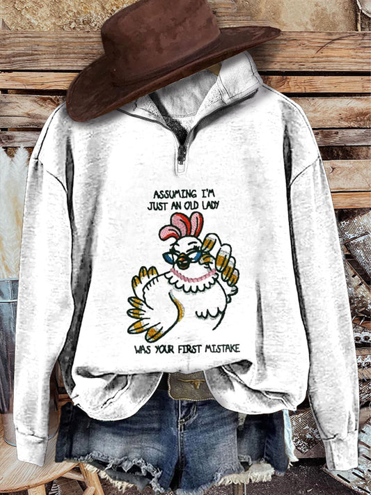 White Vintage Assuming I'm Just An Old Lady Was Your First Mistake Print Casual Long Sleeve Zip Sweatshirt