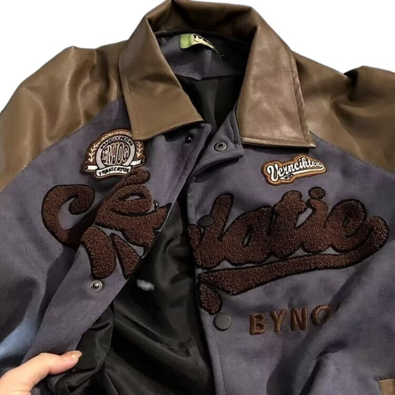 Suede And Leather Embroidery Baseball Jacket