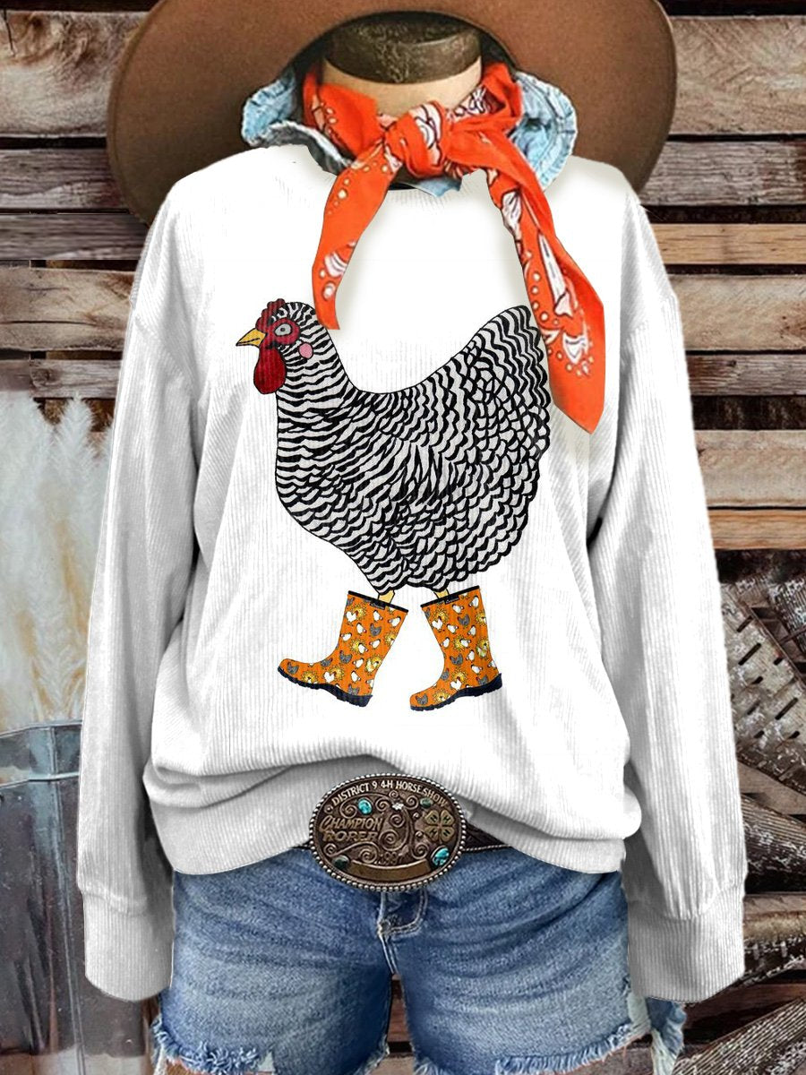 Women's Western Cowboy Chicken in Boots Casual Print Corduroy Sweatshirt