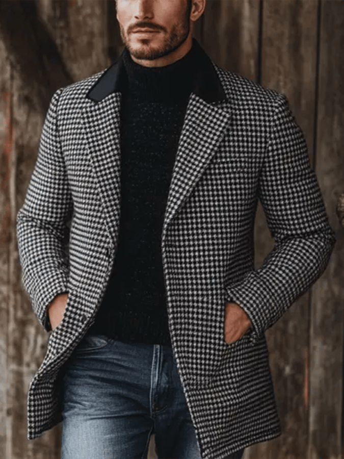 Men's Vintage Outdoor Leisure Collar Splicing Houndstooth Coat