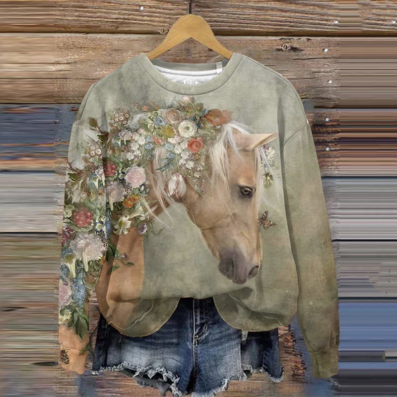 Vintage Western Horse And Floral Print Long Sleeve Sweatshirt