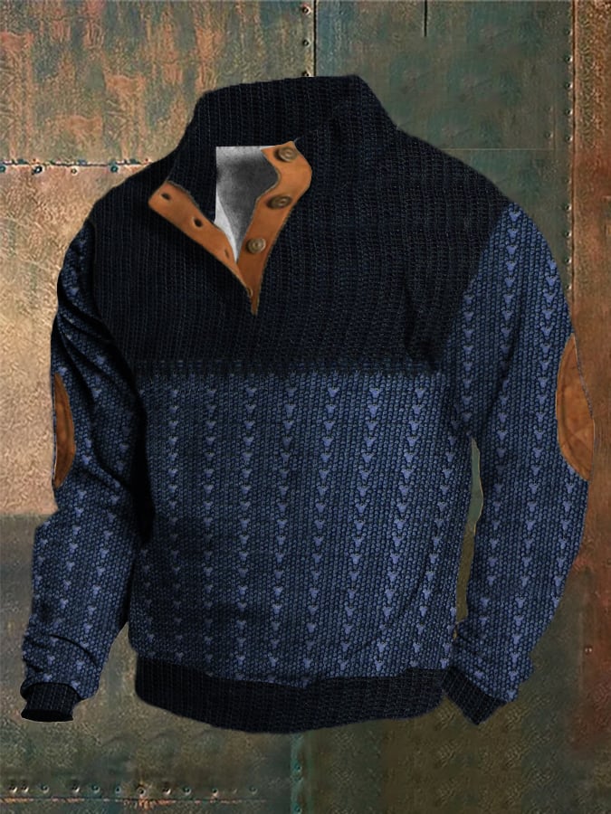 Men's Western Vintage Knitted Jacquard Print Stand Collar Button Sweatshirt