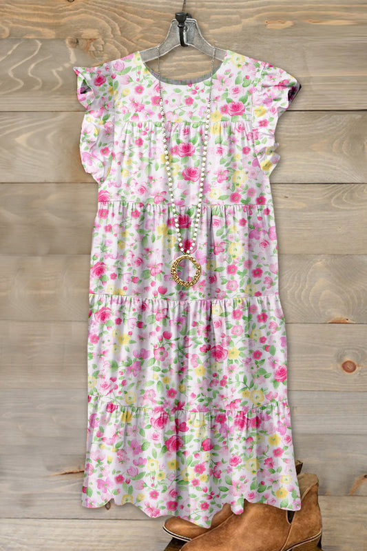 Sweet Floral Print Ruffled Pleated Dress