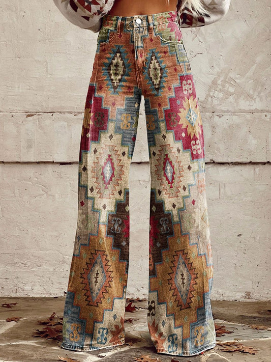 Women's Vintage Geometric Pattern Print Casual Wide Leg Pants