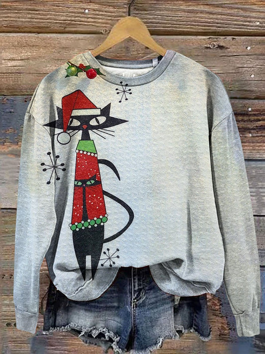 Vintage Christmas Funny Cat Art Print Casual Sweatshirt