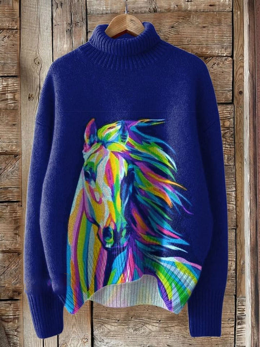 Color Striped Horse Print Knit Turtleneck Pullover Sweater