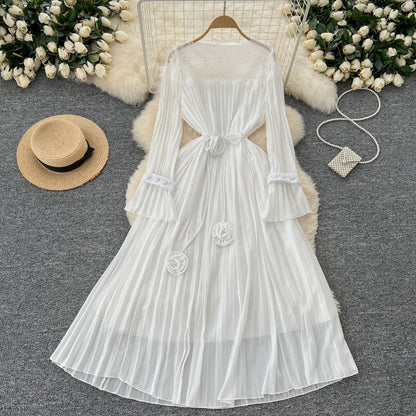 Elegant Tied Waist Lace Patchwork Flared Sleeve Pleated Long Dress